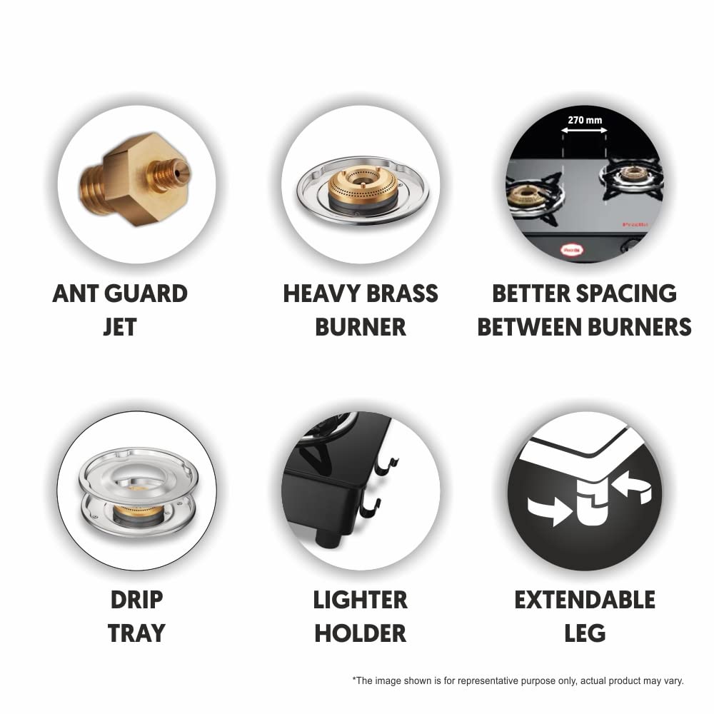 Preethi Blu Flame Sparkle Glass top 3 Burner Gas Stove, Manual Ignition, Black