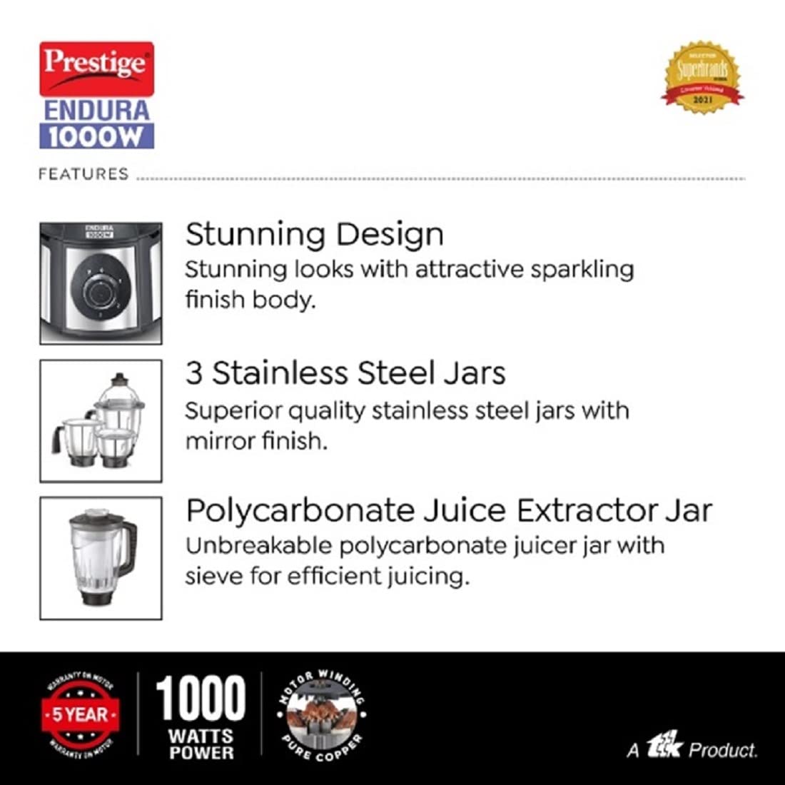 Prestige Endura 1000 Watts Mixer Grinder, 6 Jars features a powerful motor and stylish stainless-steel design.