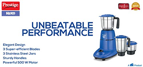 Prestige Hero 500 Watts Mixer Grinder With 3 Stainless Steel Jars
