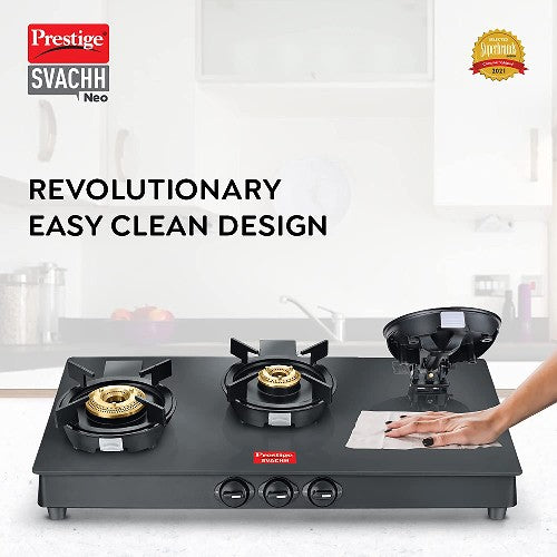 Prestige Svachh Neo Glass Top Gas Stove 3B, With Liftable Burners offers easy cleaning and stylish design for modern kitchens.