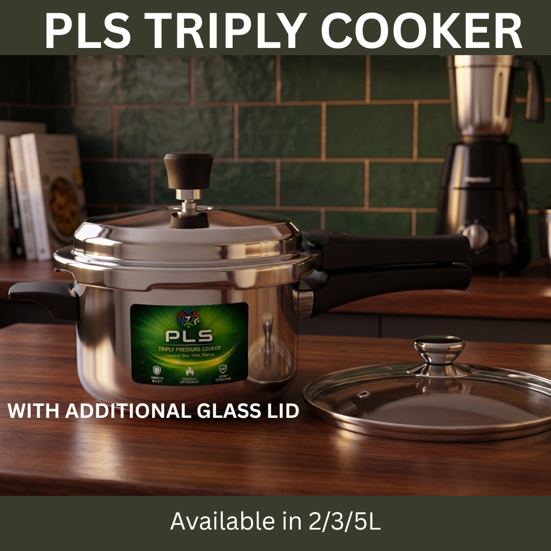 PLS Triply Stainless Steel Pressure Cooker – Induction & Gas Compatible | Sizes 2L, 3L, 5L,3.5L, 5.5L ,7.5L & 10L