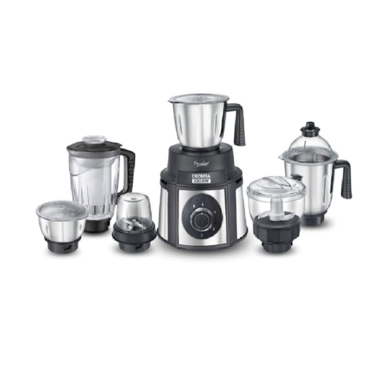 Prestige Endura 1000 Watts Mixer Grinder, 6 Jars with a powerful motor and stylish stainless-steel finish.
