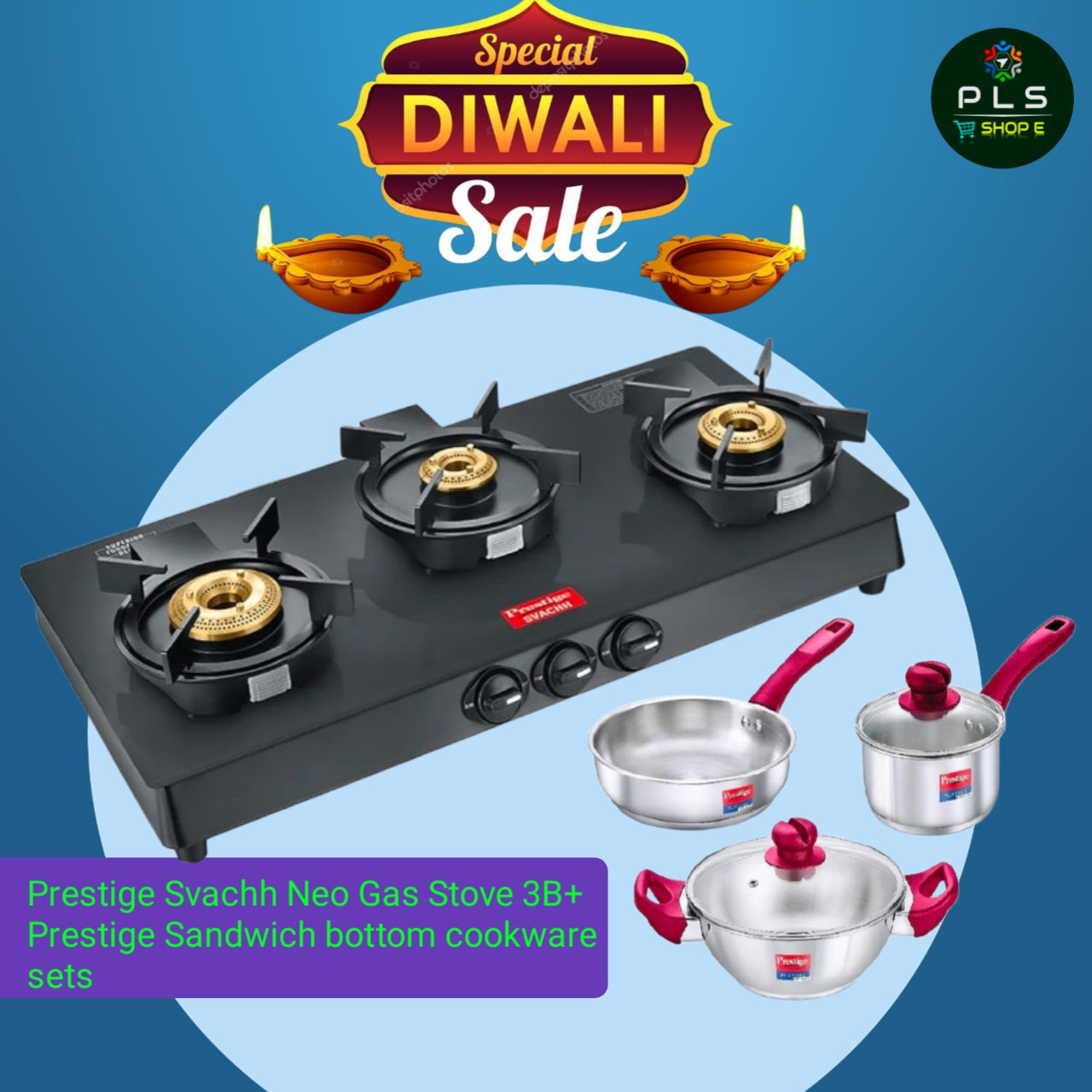 Prestige Svachh Neo Liftable Glass Top Gas Stove 3B, Diwali Offer with easy-clean burners and stylish cookware sets.