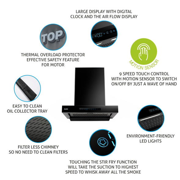 Glen 6053 BL BLDC Motor Auto Clean Filterless Chimney With Inverter Technology 1400m3/h