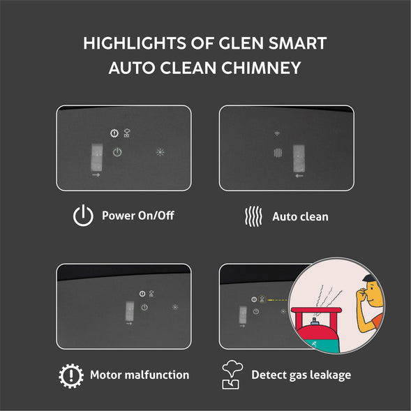 Glen Smart Auto Clean Chimney Curved Glass Filter-less with Wi-Fi Control 1400 m³/h