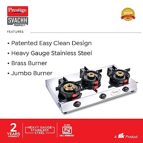 Prestige Svachh Perfect Stainless Steel Auto Ignition Gas Stove 3B, With Liftable Burners in sleek silver and black design.