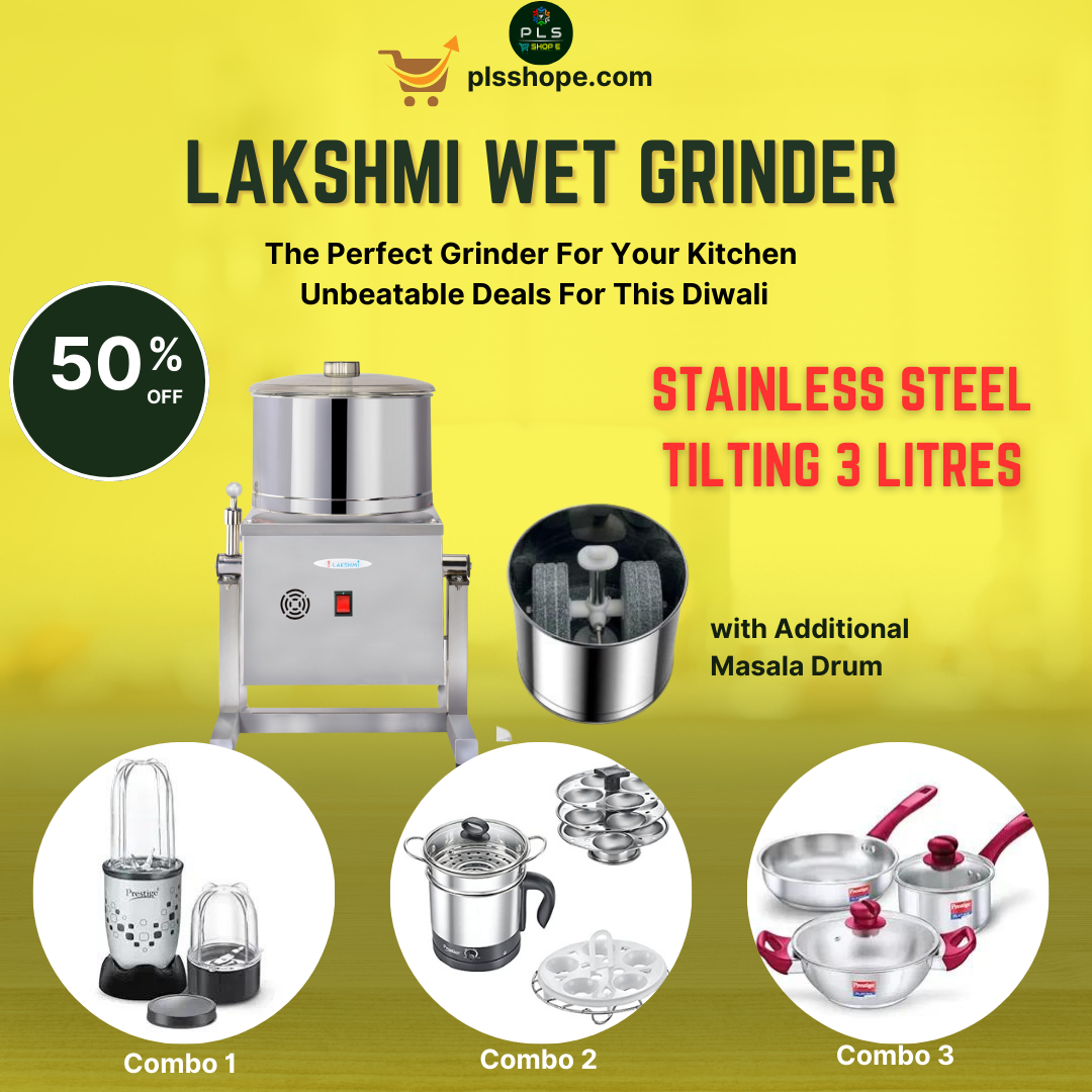 Lakshmi Stainless Steel Tilting Grinder 3 L, With Masala Drum Diwali Offer 2024