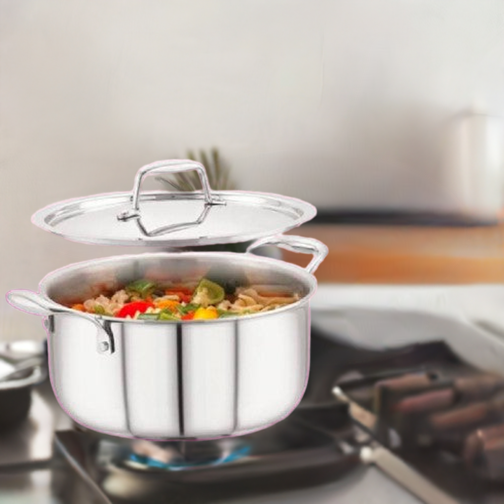 PLS Triply Casserole / Biriyani Pot With Induction Base, perfect for cooking enthusiasts, showcasing tri-ply stainless steel design.