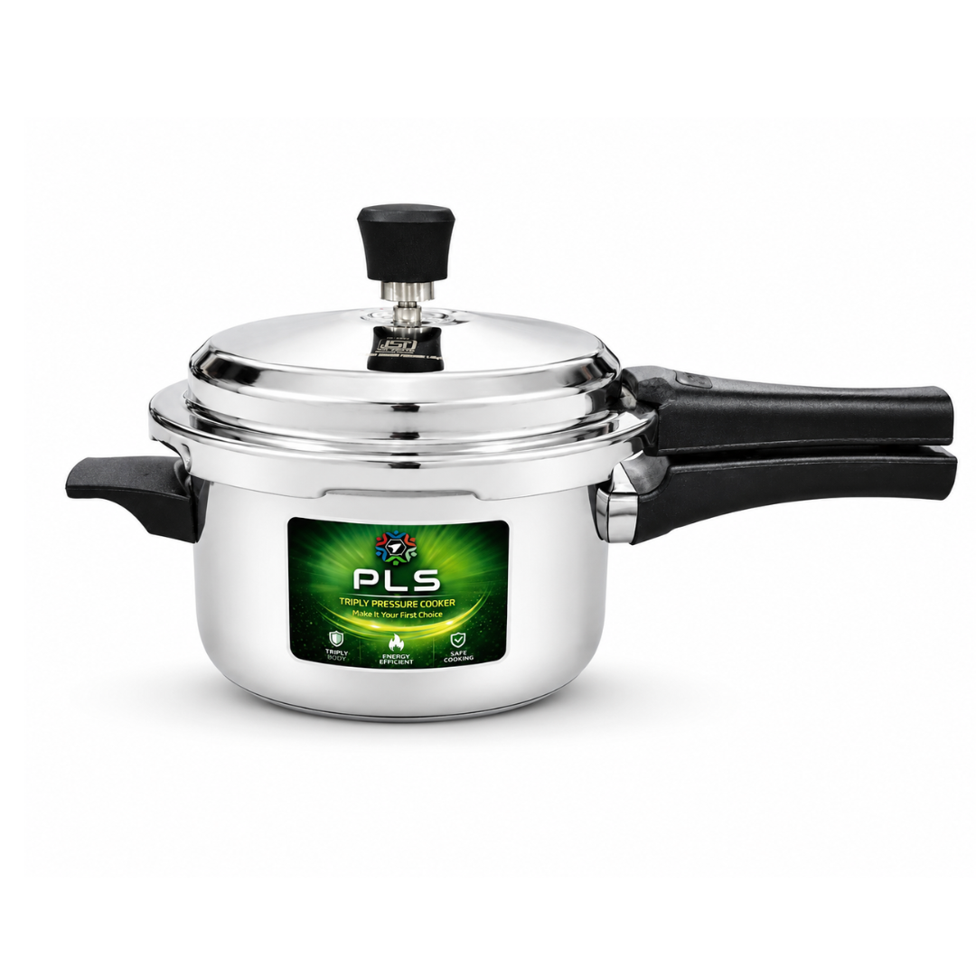 PLS Triply stainless steel pressure cooker with black handles and a black lid knob,