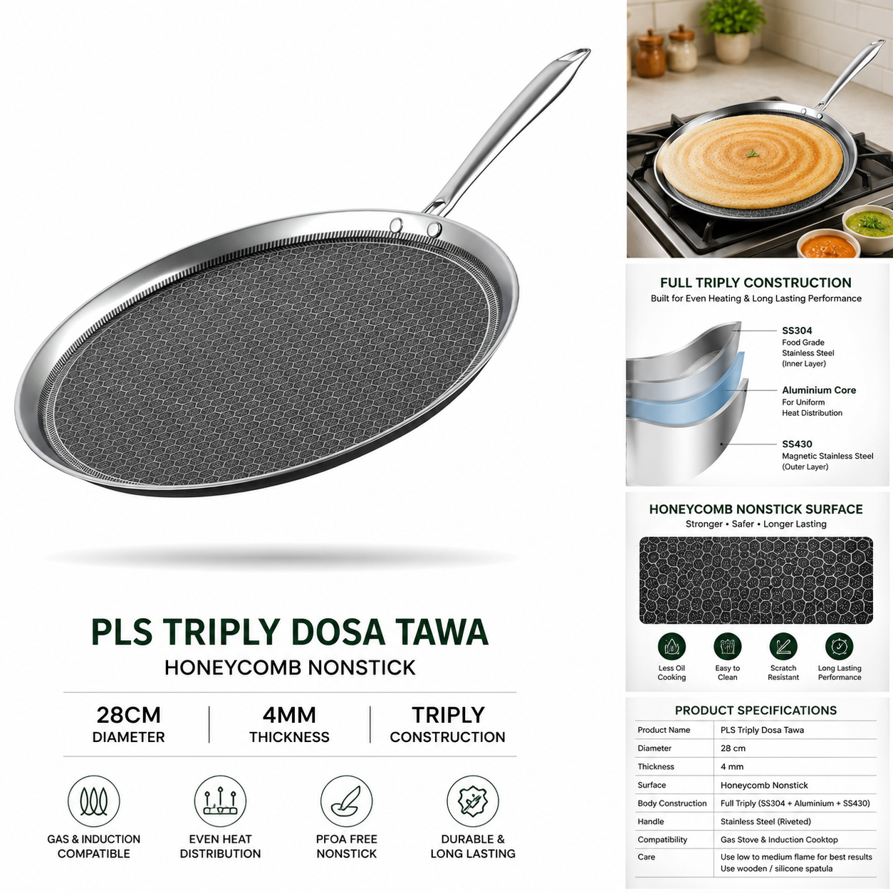 PLS Triply Honeycomb Nonstick Dosa Tawa 28cm with 4mm Full Triply construction and stainless steel handle