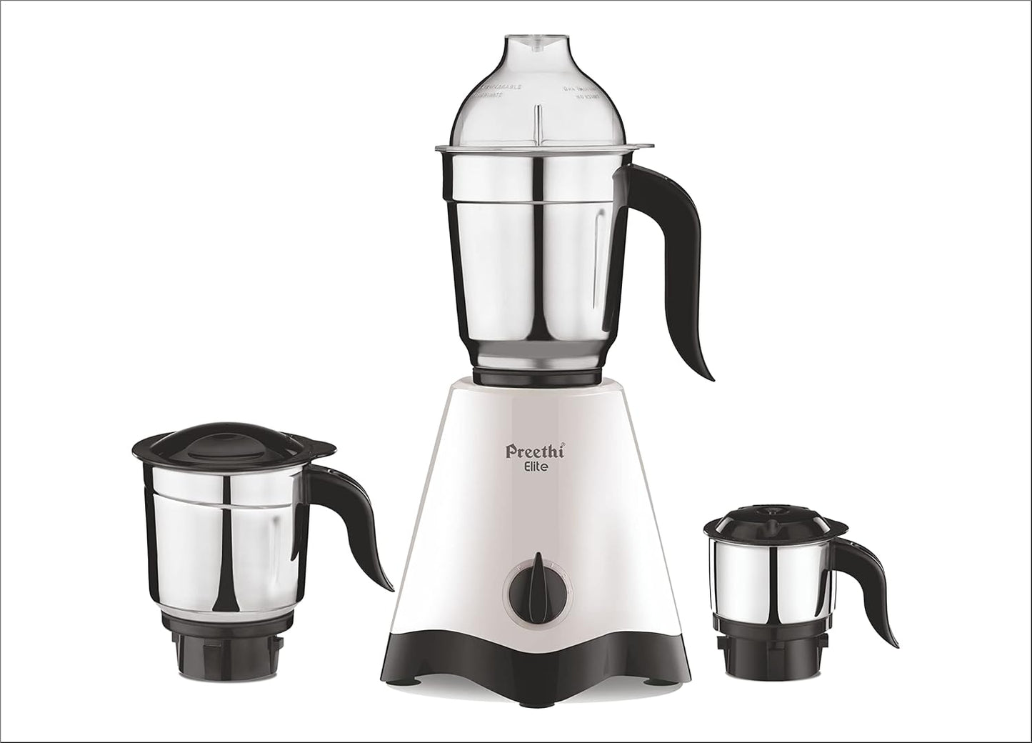 Powerful Preethi Elite Mixer Grinder, 600 Watt, White-Black, 3 Jars, 2Yr Warranty for effortless cooking.
