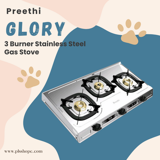 Cook effortlessly with the Preethi Glory 3 Burner Stainless Steel Gas Stove, featuring three powerful burners.