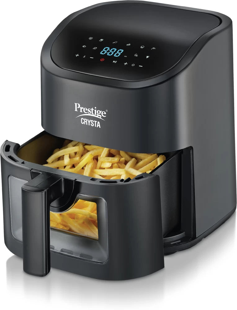 Prestige Crysta Digital Air Fryer 4.5 L with touch panel and see-through window for easy cooking and monitoring.