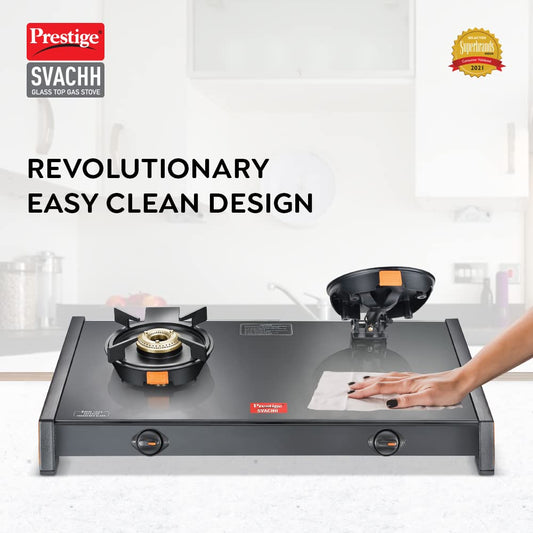Prestige Svachh 2-Burner Gas Stove – Easy Lift & Clean | Spill-Proof, Toughened Glass Top
