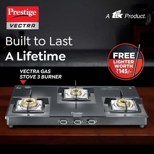 Prestige Vectra 3 Burner Glass Top Gas Stove with a 10-year warranty and easy cleaning features for hassle-free cooking.