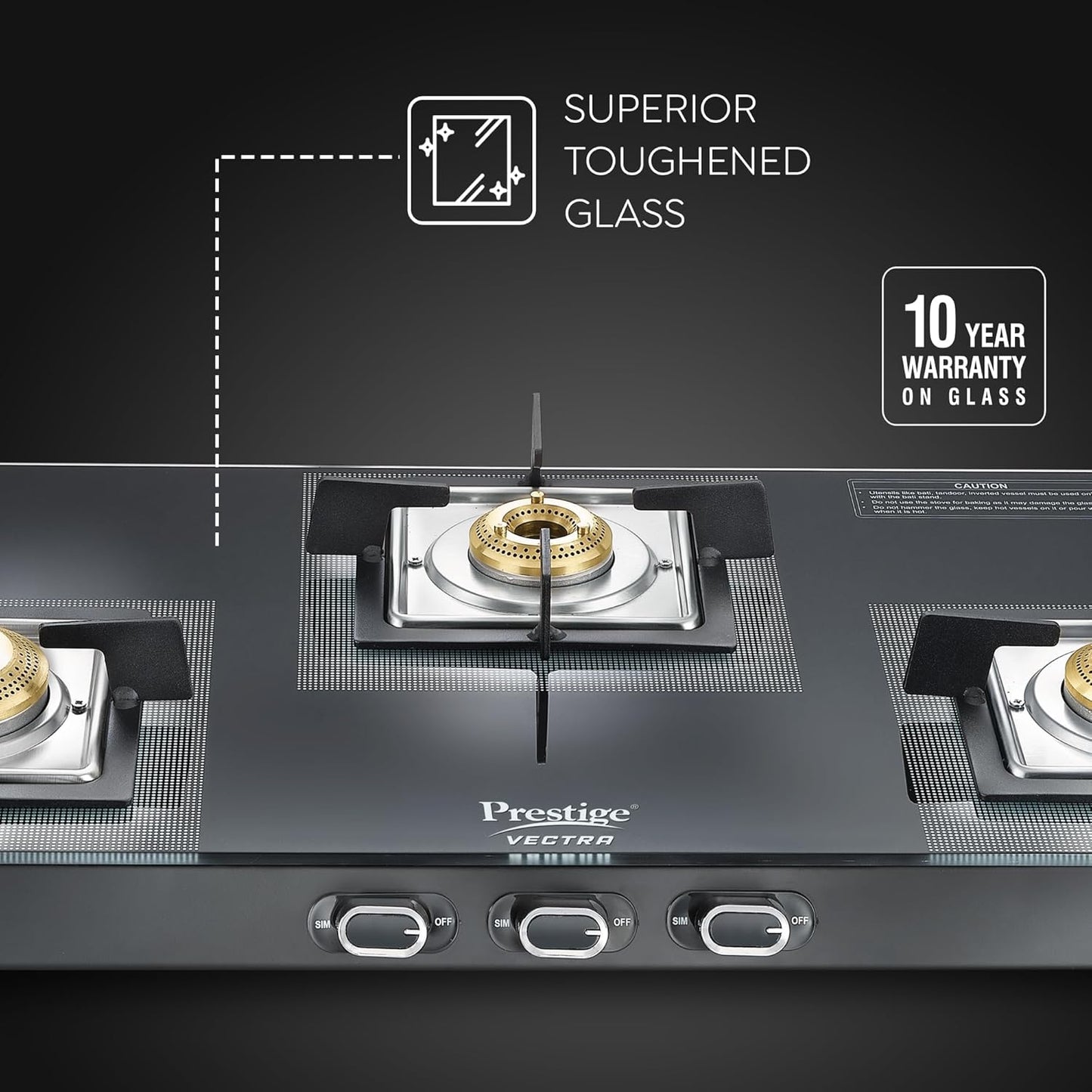 Prestige Vectra 3 Burner Glass Top Gas Stove features toughened glass and a 10-year warranty for reliable cooking.