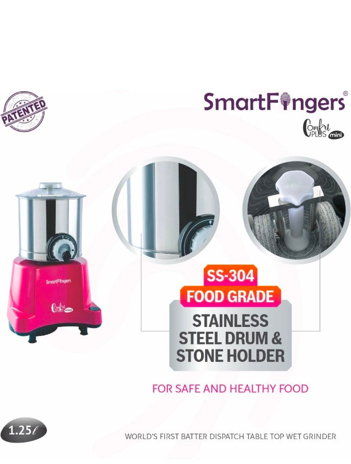 Comfort Plus Wet Grinder Mini 1.25L features a stainless steel drum and automatic batter discharge for easy cooking.