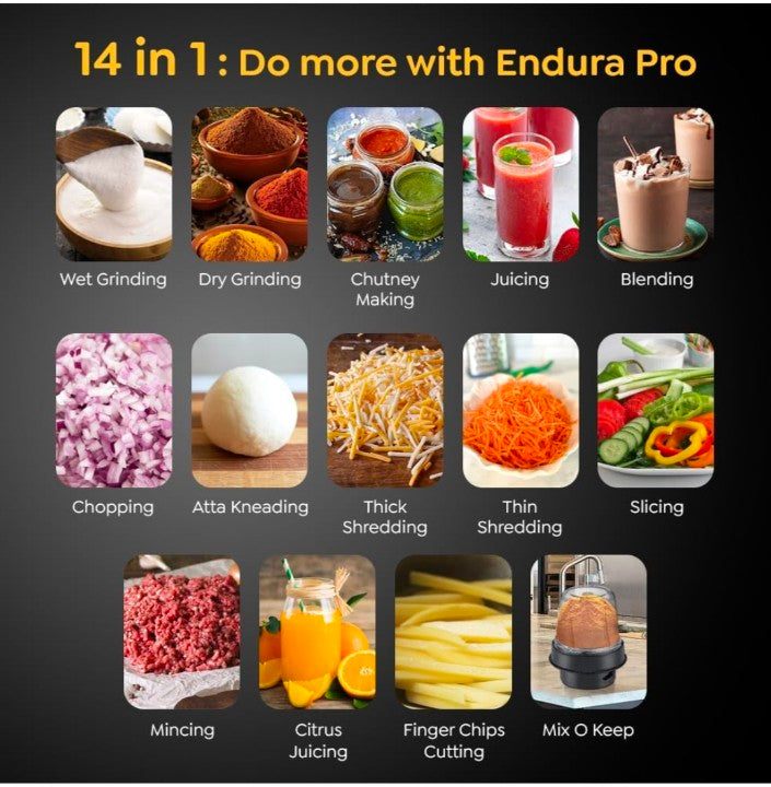 Discover the versatility of the Prestige Endura Pro 1000Watts, 14 in 1 Mixer Grinder for all your cooking needs.