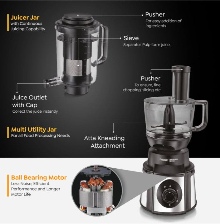 Discover the Prestige Endura Pro 1000Watts, 14 in 1 Mixer Grinder, featuring a powerful motor and sleek design.