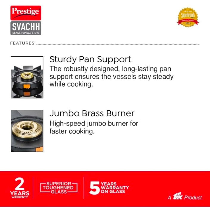 Prestige Svachh Black Glass Top Gas Stove (3 Burners) with Liftable Burners - GTSB-03 for convenient cooking.