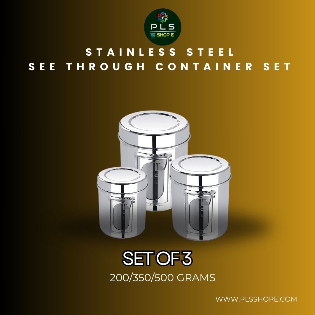PLS Heavy See Through Stainless Steel Containers Set For Kitchen I SS Containers With Lid I 200gms to 500gms I Set Of 3