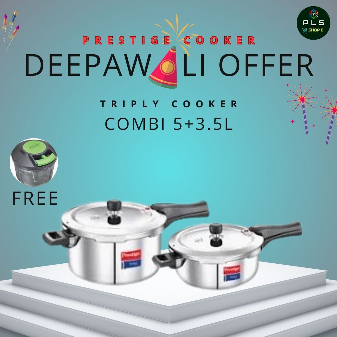 Prestige Trilply Svachh Cooker Diwali Combo (5 3.5L) offers efficient cooking with a spill-proof lid and three-layer design.