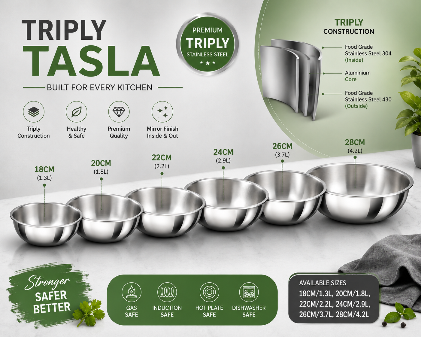 PLS Triply Tasla with Lid – Premium Stainless Steel Triply Vessel for Fast & Uniform Cooking