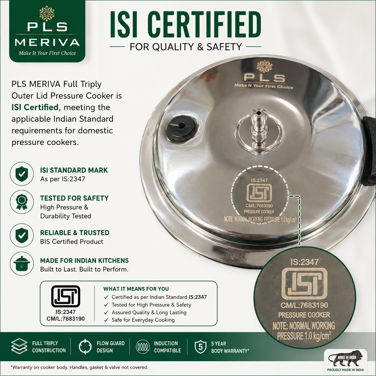 PLS MERIVA ISI Certified Full Triply Pressure Cooker Combo 5L + 2L with Glass Lid