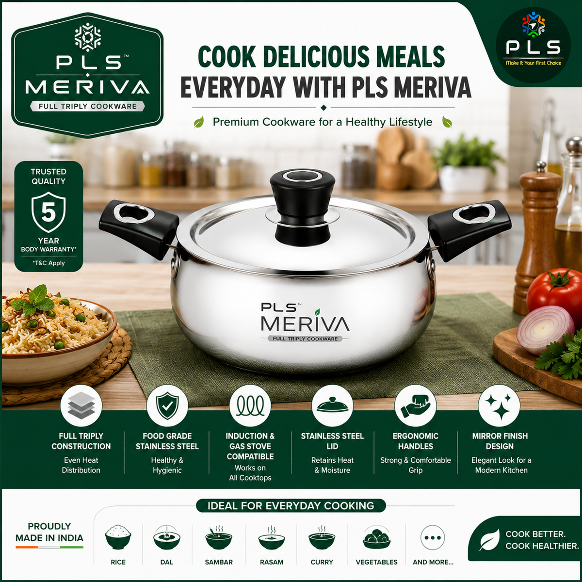 PLS MERIVA Full Triply Handi stainless steel cookware for everyday Indian cooking