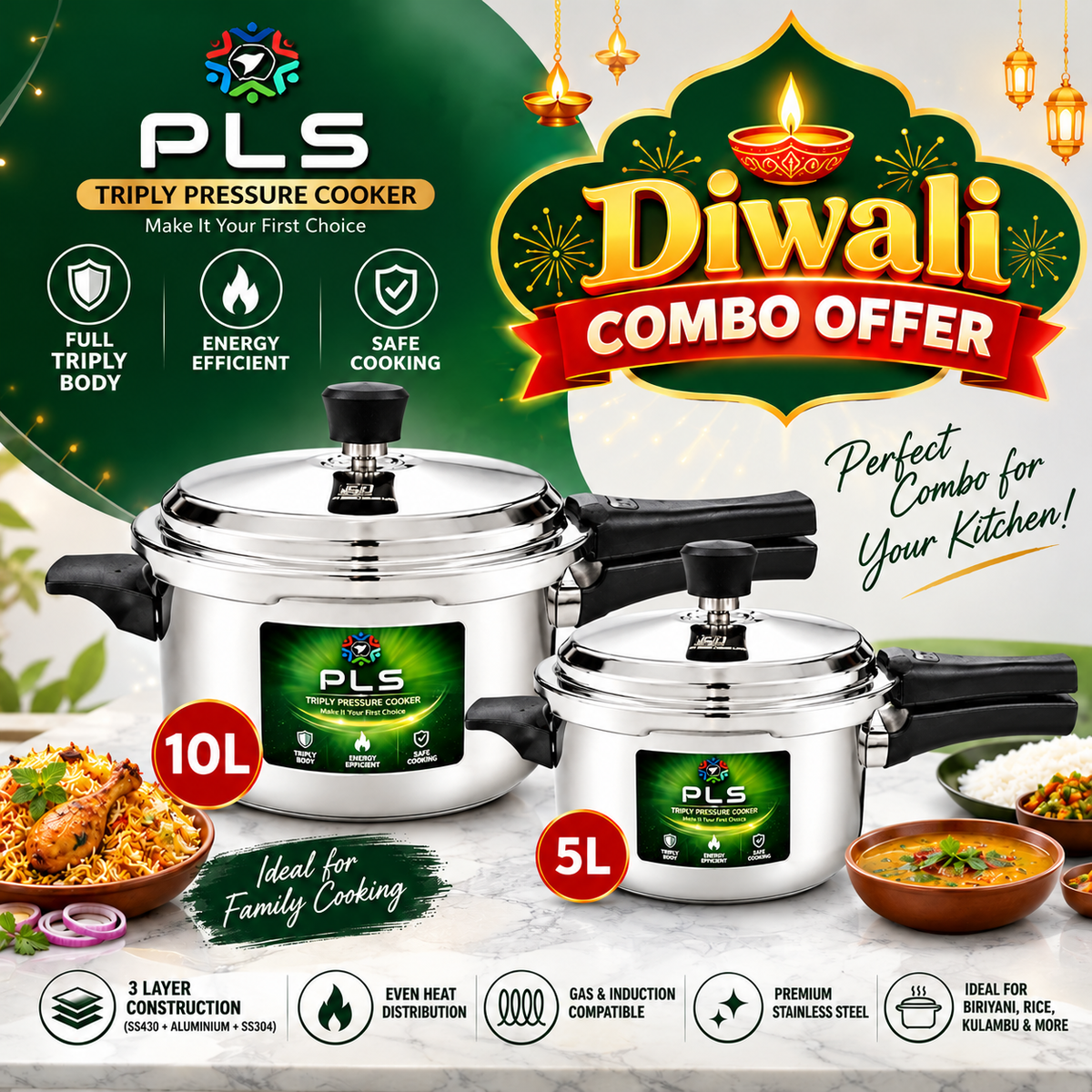 PLS Triply Cooker Diwali Combo – 7.5L + 3L | 10L + 5L