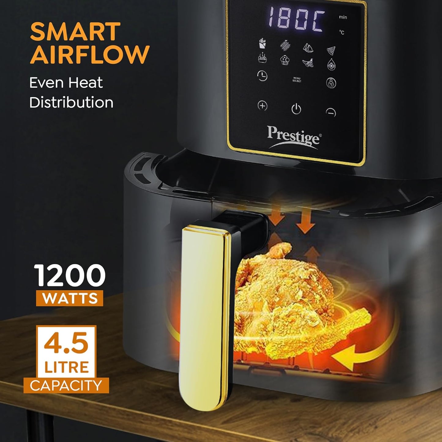 Prestige Nutri Fry Digital Air Fryer features smart airflow, 4.5L capacity, and 1200 watts for healthier meals.
