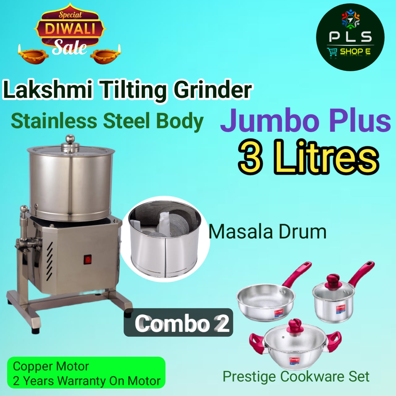 Lakshmi Tilting Wet Grinder Jumbo Plus 3 Litres, Stainless Steel Body Diwali Combo