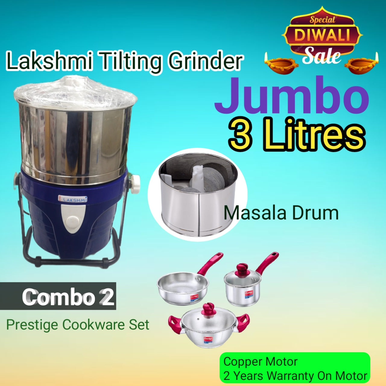Lakshmi Tilting Wet Grinder Jumbo 3 Litre, ABS Body Diwali Combo