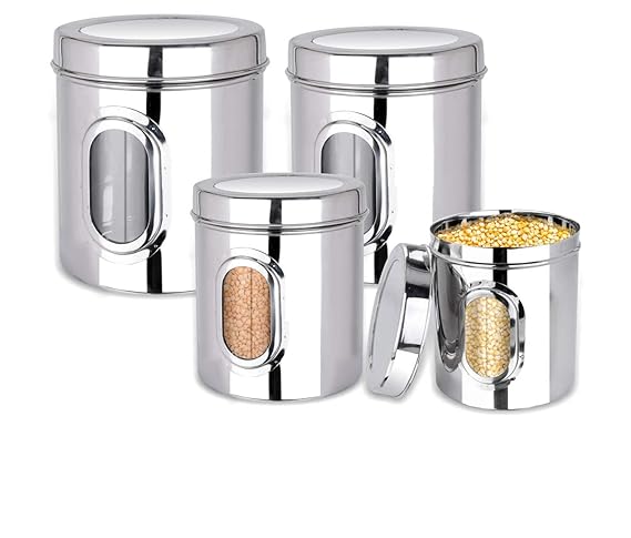 PLS Heavy See Through Stainless Steel Containers for Kitchen | Steel Dabba Set for Kitchen | Steel Container With Lid | Capacity 2.5kgs to 5 kgs Steel Container for Kitchen Storage | Set of 4
