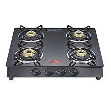 Prestige Marvel Glass Top 4 Burner Gas Stove, Manual Ignition, Black offers sleek design for modern kitchens.