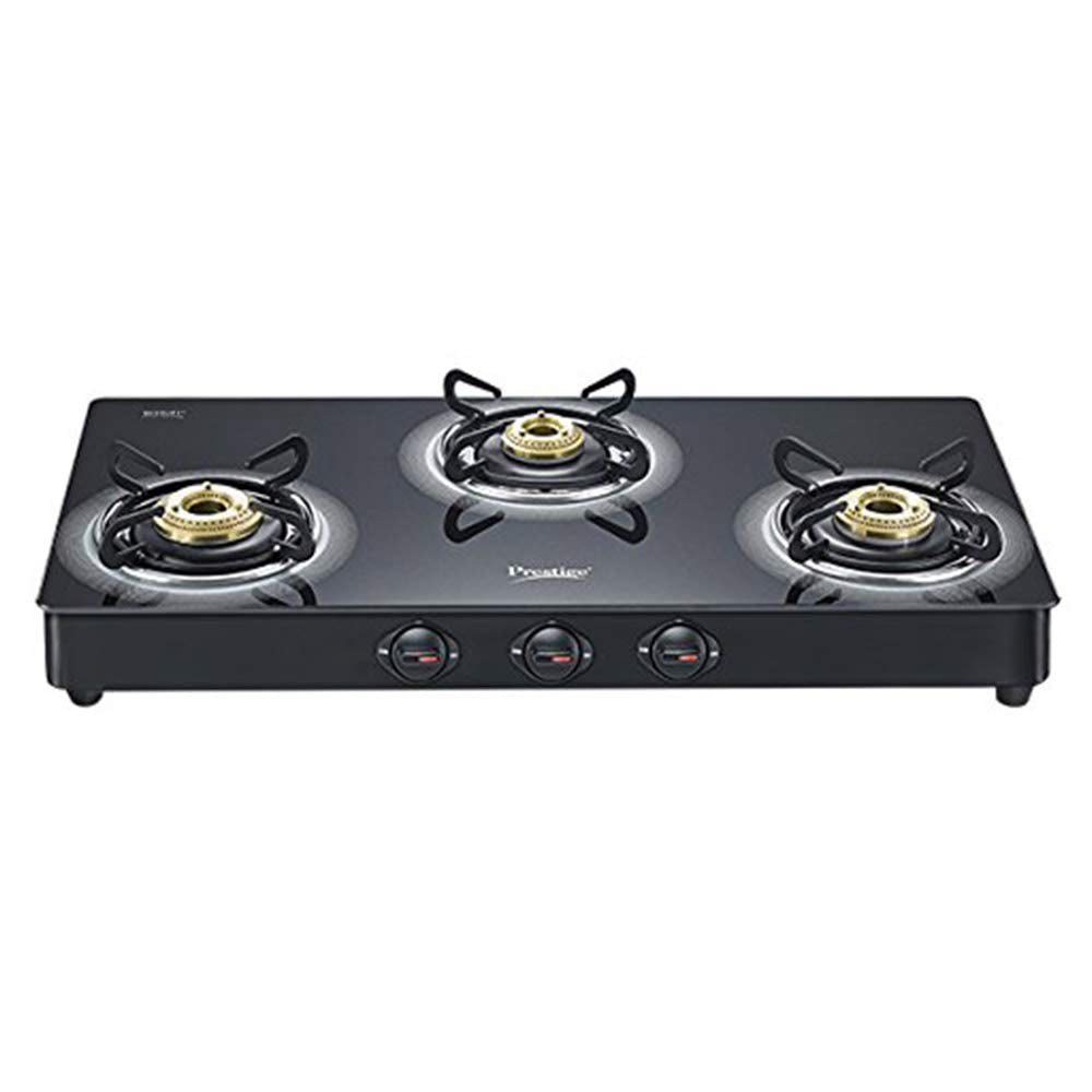 Prestige Royale Plus Schott Glass 3 Burner Gas Stove, Manual Ignition, Black