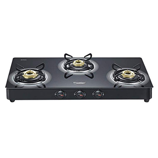Prestige Royale Plus Schott Glass 3 Burner Gas Stove, Manual Ignition, Black