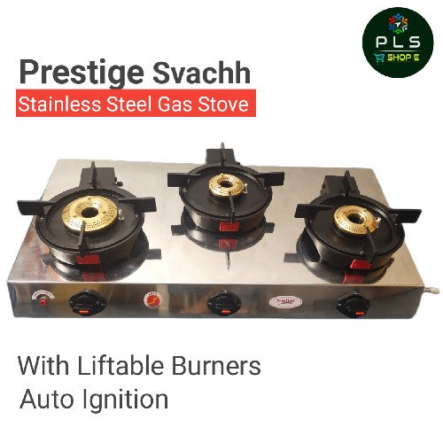 Prestige Svachh Perfect Stainless Steel Auto Ignition Gas Stove 3B, With Liftable Burners for efficient cooking.