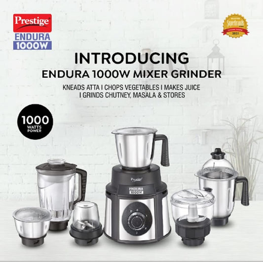 Prestige Endura 1000 Watts Mixer Grinder, 6 Jars features a powerful motor and stylish stainless-steel design.
