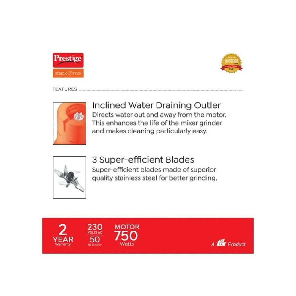 Prestige Stack-O-Mix 750 Watts Mixer Grinder With 3 SS Jars