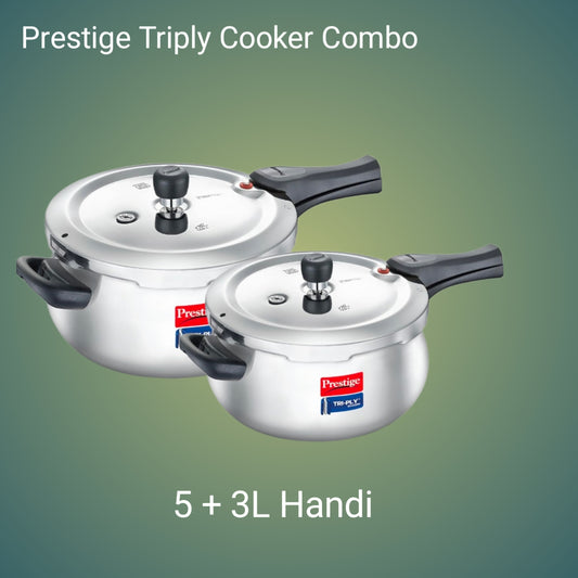 Prestige Svachh Triply Handi Cooker Combo 5 3L, featuring a spill-proof design for efficient cooking. Ideal for daily use.