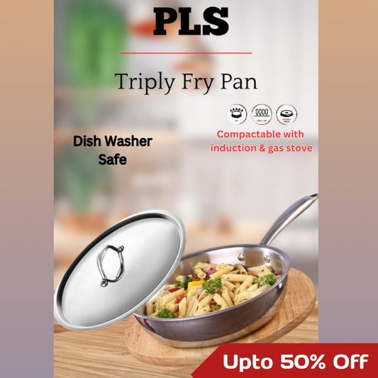 PLS Triply Fry Pan With Induction Base features tri-ply stainless steel for even heating and faster cooking.