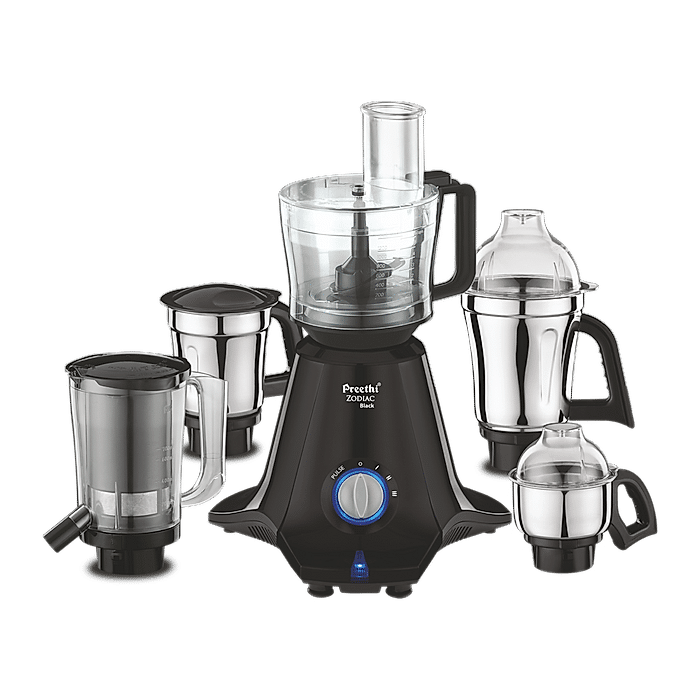 Preethi Zodiac Mixer Grinder, 750 Watt, Black, 5 Jars, perfect for efficient food processing and kitchen tasks.
