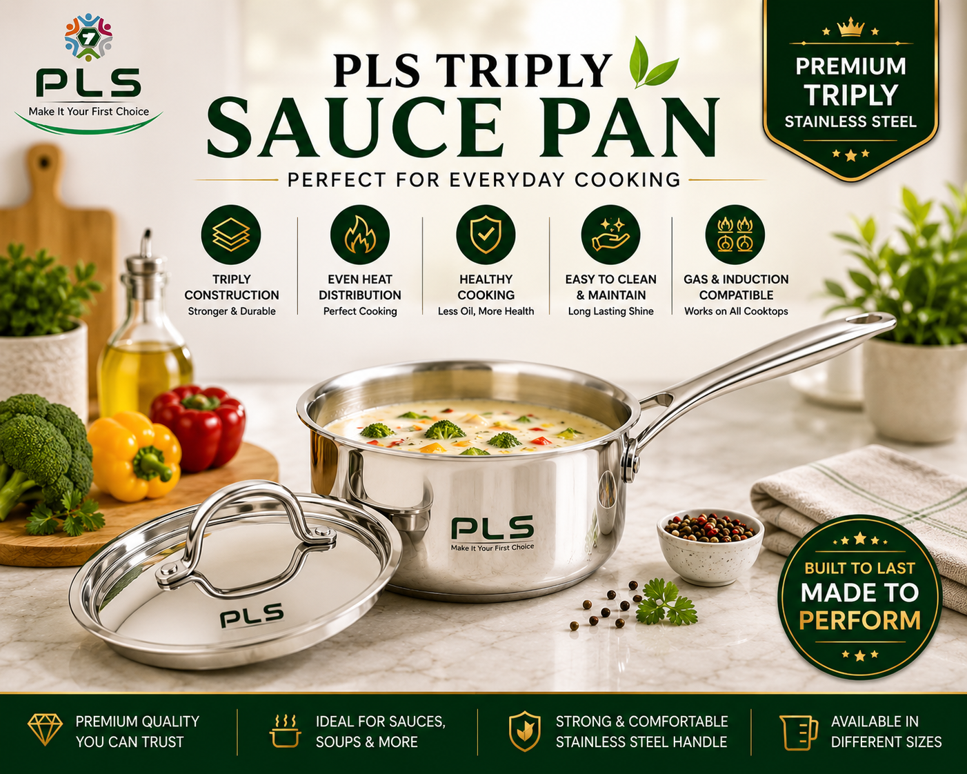 PLS Triply Stainless Steel Sauce Pan with SS Lid | Induction & Gas Compatible