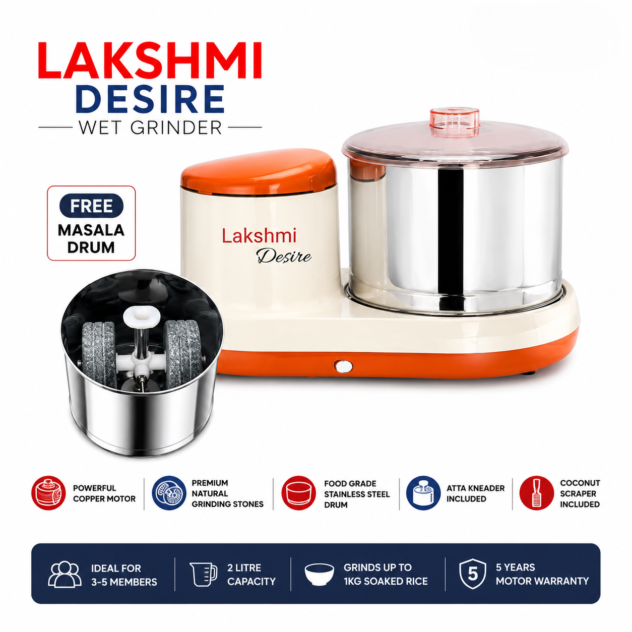 Lakshmi Desire Wet Grinder with Masala Drum, Atta Kneader and Coconut Scraper. Natural Stone Table Top Wet Grinder