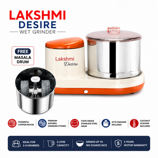Lakshmi Desire Wet Grinder with Masala Drum, Atta Kneader and Coconut Scraper. Natural Stone Table Top Wet Grinder
