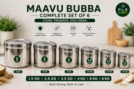 PLS Stainless Steel Maavu Dubba Set of 6 (1.5kg, 2.5kg, 3.5kg, 4kg, 6kg & 8kg) | Airtight Flour Storage Containers | Kitchen Storage Dabba Set