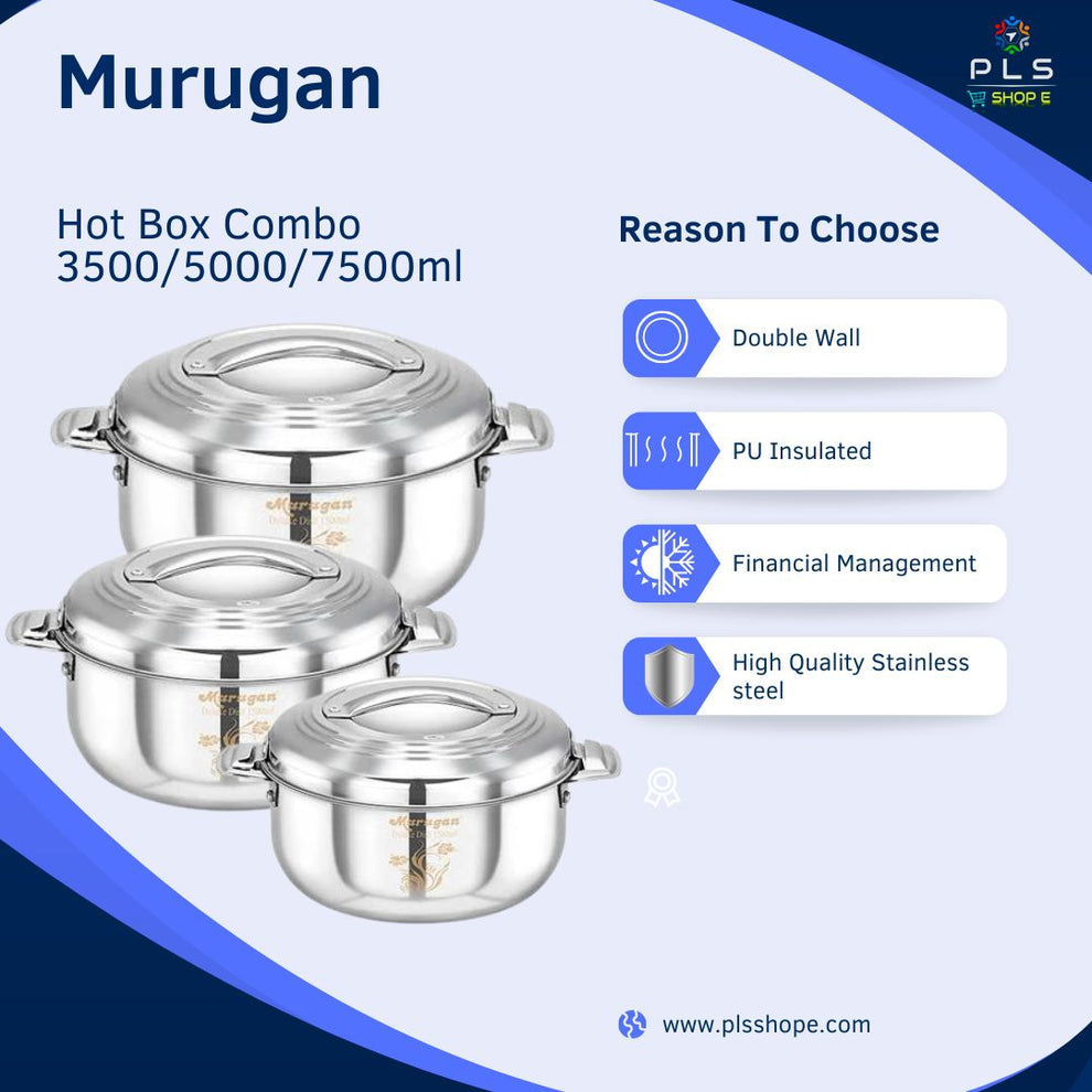 Murugan Stainless Steel Hot Box Combo (3500/5000/7500ml) – PLS SUPER BAZAR
