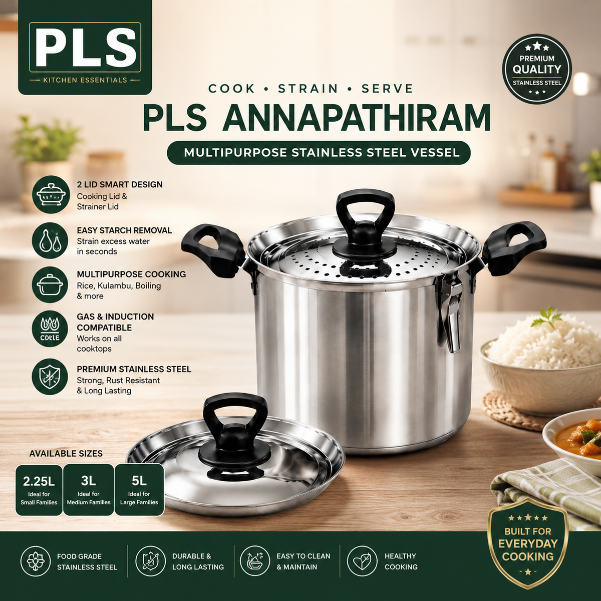 annapathiram
rice strainer vessel
rice starch removal vessel
stainless steel rice pot
rice draining vessel
multipurpose stainless steel vessel
kulambu vessel
gravy vessel
induction compatible stainless steel vessel
gas stove compatible rice pot
cooking and straining vessel
stainless steel annapathiram