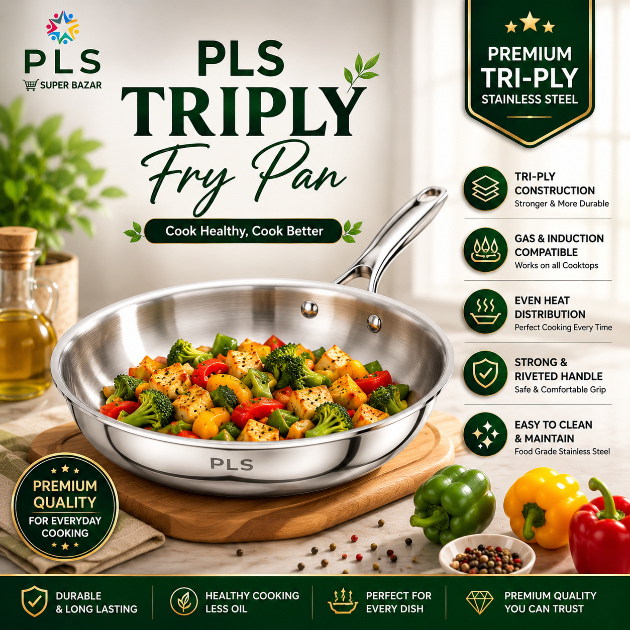 PLS Triply Stainless Steel Fry Pan
